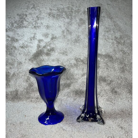 LOT of 2 Cobalt Blue Glass Vase 12" and Cobalt Blue Sundae Glass 6" Collectible - Picture 2 of 10